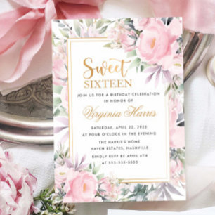 Invitation Blush Rose Floral Sweet sixteen 16 Anniversaire