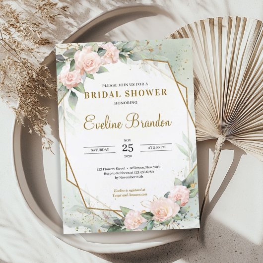 Invitation Blush rose Floral Verdure Or cadre nuptiale