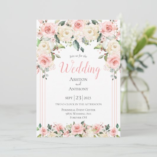 Invitation Blush rose flore Typographie (Debout devant)