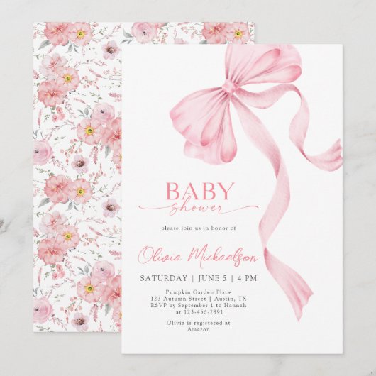 Invitation Blush Rose Girl Ribbon Bow Coquette Baby shower (Devant / Derrière)