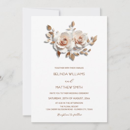 Invitation Blush  Rose Gold 3D Flowers Simple (Devant)