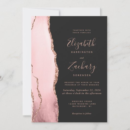 Invitation Blush Rose Gold Agate Dark QR Code Wedding (Devant)