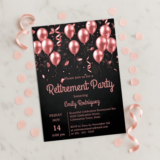 Invitation Blush Rose Gold Balloons Confetti Retirement Party