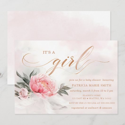 Invitation Blush Rose Gold C'est une fille Baby shower floral (Devant / Derrière)