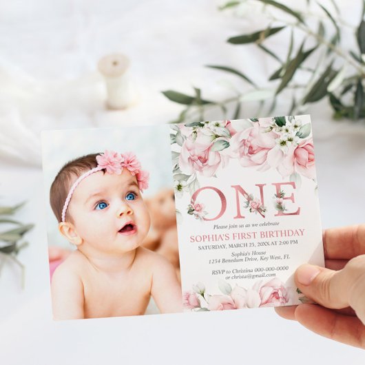 Invitation Blush & Rose Gold Floral Baby 1er anniversaire