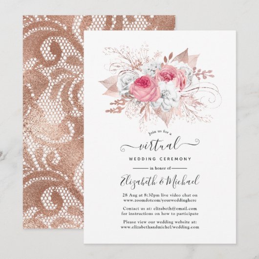 Invitation Blush & Rose Gold Floral et Mariage virtuel de den (Devant / Derrière)