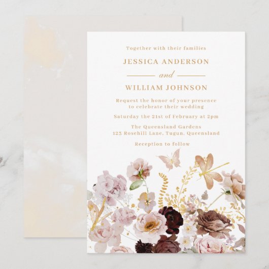 Invitation Blush & Rose Gold Floral Peony Papillons Mariage (Devant / Derrière)