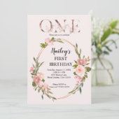 Invitation Blush & Rose Gold Floral Premier anniversaire (Debout devant)