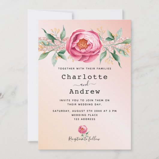 Invitation Blush rose gold floral wedding (Devant)
