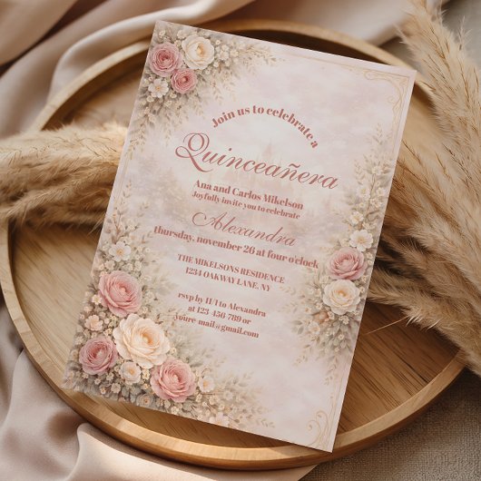 Invitation Blush Rose Gold Garden Quinceañera