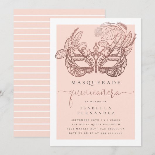 Invitation Blush & Rose Gold Masquerade Quinceañera Anniversa (Devant / Derrière)
