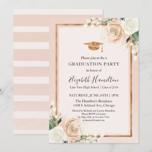 Invitation Blush & Rose Gold Modern Floral Graduation Party (Devant / Derrière)