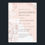 Invitation Blush Rose Gold Splatter Brushstroke Quinceañera<br><div class="desc">Cette invitation artistique et moderne à la fête d'anniversaire de quinceañera est parfaite pour la jeune fille contemporaine. Il présente une plaque de peinture métallique en or rose imbriquée sur un arrière - plan de brosse rose et blanc rousse avec typographie rose en or complémentaire. C'est élégant, luxueux, élégant et...</div>