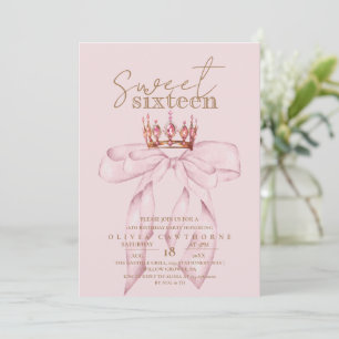 Invitation Blush Rose & Gold Sweet 16 Bow Crown Anniversaire