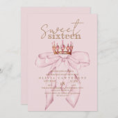 Invitation Blush Rose & Gold Sweet 16 Bow Crown Anniversaire (Devant / Derrière)