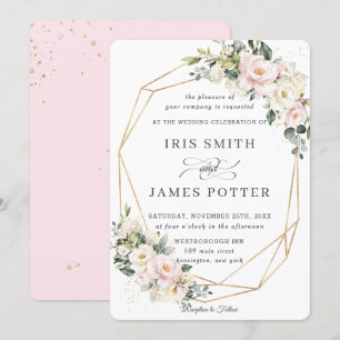 Invitation Blush rose ivoire Floral Mariage or géométrique