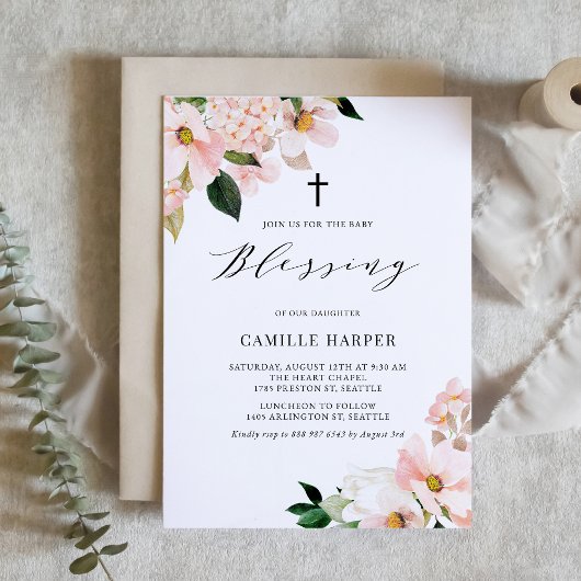 Invitation Blush rose Magnolia et Hydrangea Baby Blessing