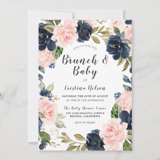 Invitation Blush Rose & Navy Baby shower de couronnes florale (Devant)