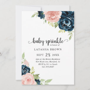 Invitation Blush Rose Navy Blue Floral Girl Baby Sprinky