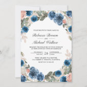 Invitation Blush Rose Navy Blue Floral Photo QR Code Mariage (Devant)