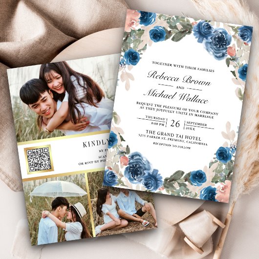 Invitation Blush Rose Navy Blue Floral Photo QR Code Mariage