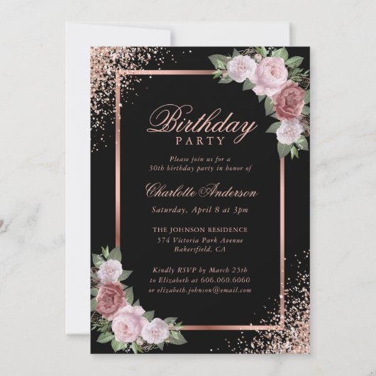Invitation Blush rose noir Rose or Floral fête d'anniversaire (Devant)