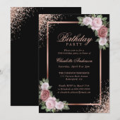 Invitation Blush rose noir Rose or Floral fête d'anniversaire (Devant / Derrière)