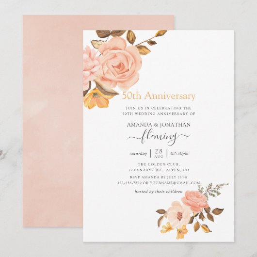 Invitation Blush Rose & Or Floral 50e Anniversaire de Mariage (Devant / Derrière)