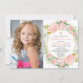 Invitation Blush rose or floral First Holy Communion photo (Devant)