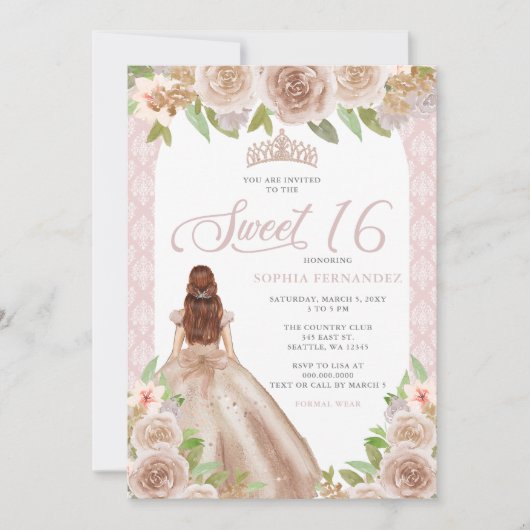 Invitation Blush Rose or Floral Princesse Tiara Sweet 16 (Devant)