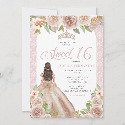 Invitation Blush Rose or Floral Princesse Tiara Sweet 16 (Devant)