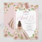 Invitation Blush Rose or Floral Princesse Tiara Sweet 16 (Devant / Derrière)
