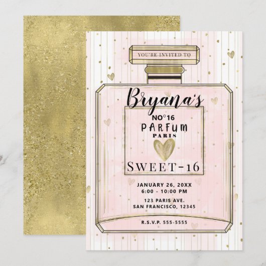 Invitation Blush Rose & Or Paris Parfum Douce Anniversaire 16 (Devant / Derrière)