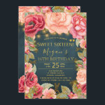 Invitation Blush rose pêche marine cordes or lumières doux 16<br><div class="desc">Luxe élégant vintage style romantique sweet sixteen invitation modèle avec rose rousse et pêche tourbée or roses et fleurit bordures et cordes rustiques or ou des lumières scintillantes sur un arrière - plan de plateau bleu minuit. — L'invitation est adapté pour les soirées d'été du printemps, d'automne, rustique ou de...</div>