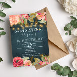 Invitation Blush rose pêche marine cordes or lumières doux 16<br><div class="desc">Luxe élégant vintage style romantique sweet sixteen invitation modèle avec rose rousse et pêche tourbée or roses et fleurit bordures et cordes rustiques or ou des lumières scintillantes sur un arrière - plan de plateau bleu minuit. — L'invitation est adapté pour les soirées de printemps ou d'été, les fêtes de...</div>