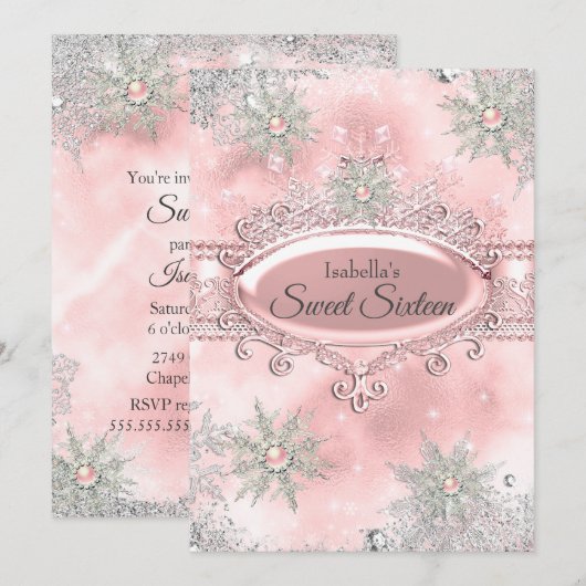 Invitation Blush Rose Princess Winter Wonderland Sweet 16 (Devant / Derrière)
