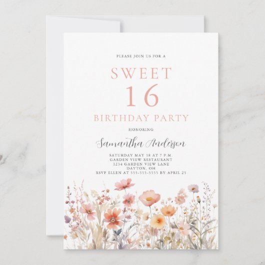 Invitation Blush Rose Sweet 16 Floral Anniversaire (Devant)