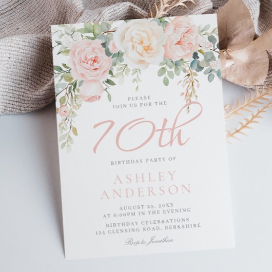 Invitation Blush & Sage Elégant Floral 70 Anniversaire