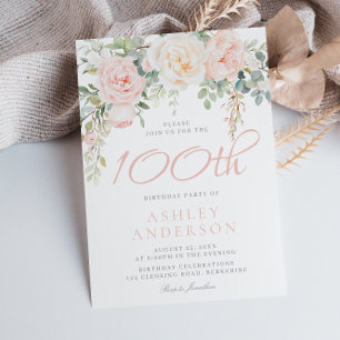 Invitation Blush & Sage Fleurs élégantes 100e fête d'annivers