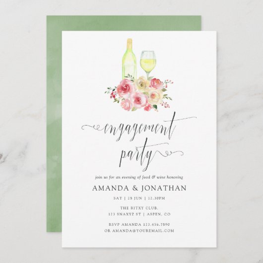 Invitation Blush & Sage Floral Engagement Party Dégustation d (Devant / Derrière)