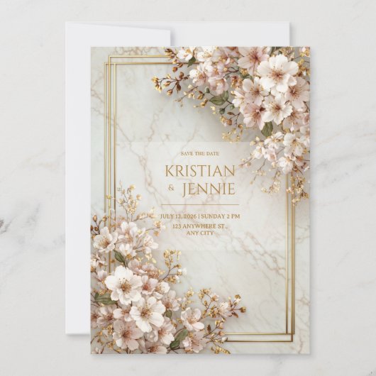 Invitation Blush Sakura Marble Gilded Frame Wedding (Devant)
