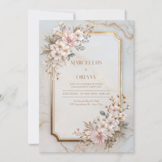 Invitation Blush Sakura Marble Gilded Frame Wedding (Devant)