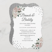 Invitation Blush Silver Floral Confetti Brunch et Bubbly (Devant / Derrière)