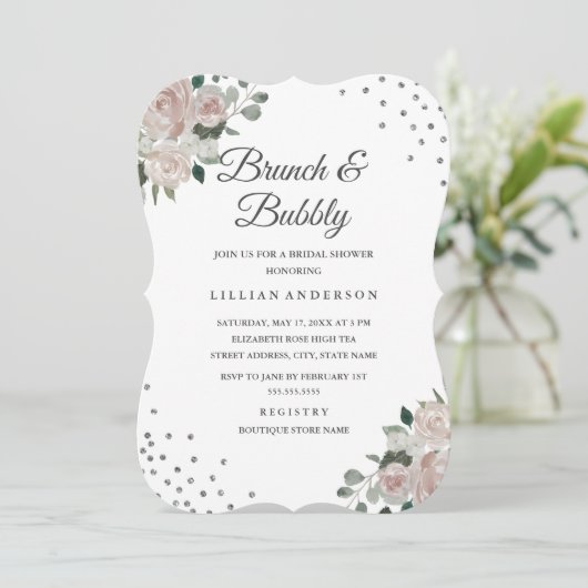 Invitation Blush Silver Floral Confetti Brunch et Bubbly (Debout devant)
