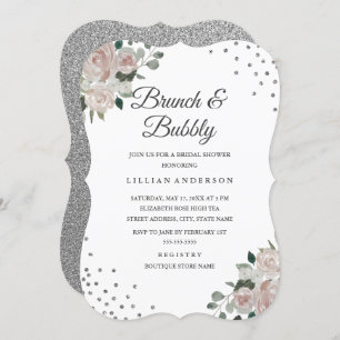 Invitation Blush Silver Floral Confetti Brunch et Bubbly