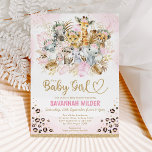 Invitation Blush Tropical Boho Safari Animaux Baby shower Inv<br><div class="desc">Baby shower à thème Safari invitation avec feuilles d'aquarelle tropicale féminine blush & or,  joli léopard motif et un groupe d'animaux de jungle mignons</div>