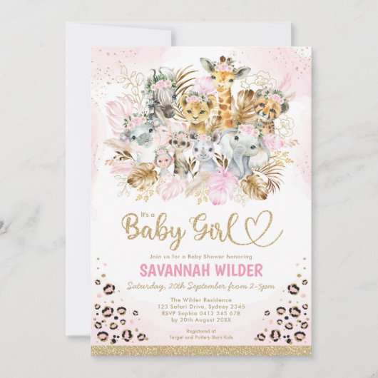 Invitation Blush Tropical Boho Safari Animaux Baby shower Inv (Devant)