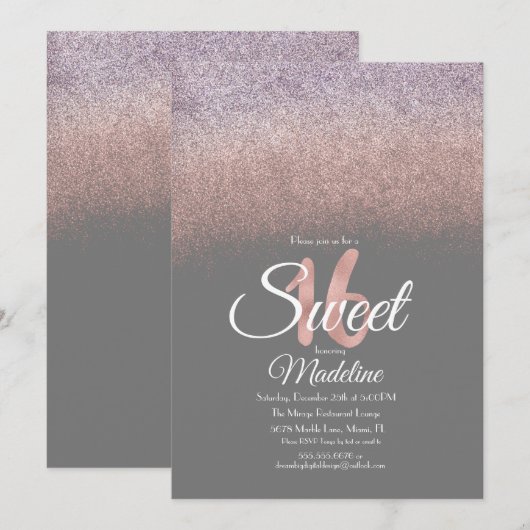 Invitation Blush Violet Élégant Ombré Pailleté Sweet 16 (Devant / Derrière)