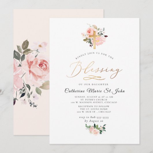 Invitation Blush Watercolor Flowers Faux Gold Blessing (Devant / Derrière)