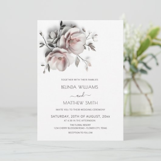 Invitation Blush White 3D Roses Wedding (Debout devant)